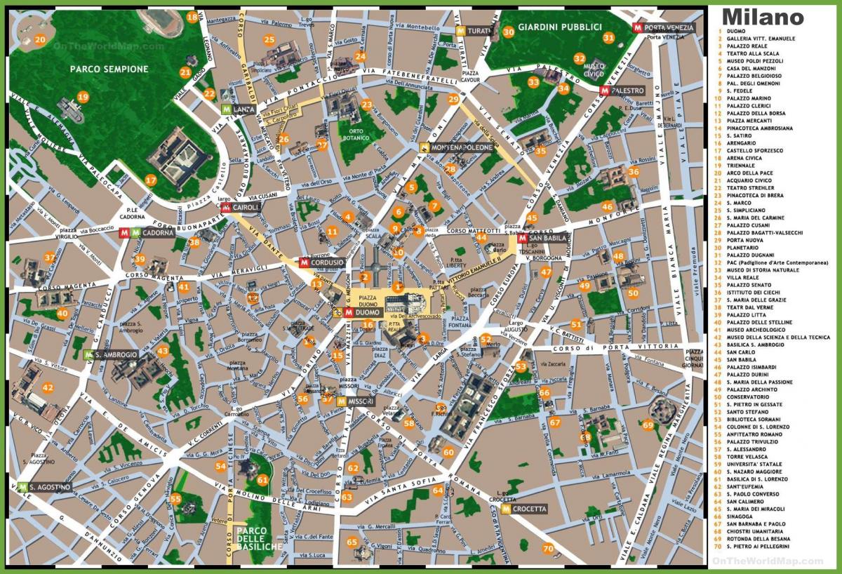 मिलान के दर्शनीय स्थलों का नक्शा