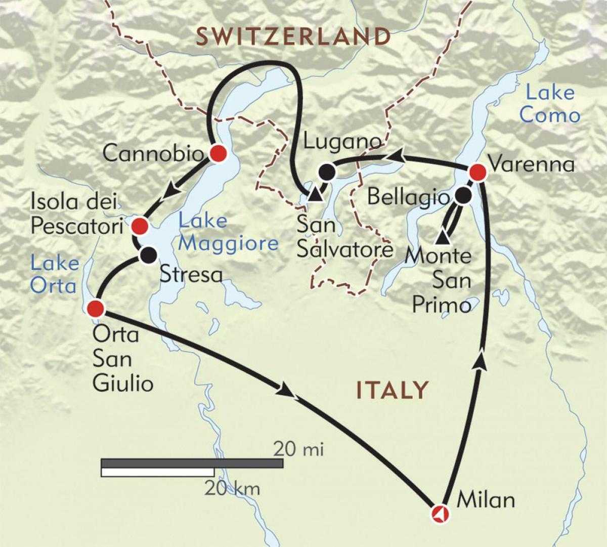 मिलान का नक्शा झीलों